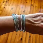 Bamboo Weave Bangle Bracelet - Vintage Thai Silver Feather Leaf Open Cuff Unisex