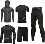 [HZQIFEI] Men's 5 Piece Fitness Tracksuits Suit Compression Shirt Sportswear Quick-Drying Breathable for Running Gym Fitness