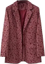 [Kromoc] Women's Corduroy Rose Prints Blazer Single Breasted Button Notch Lapel Suit Jacket for Formal Prom Coat