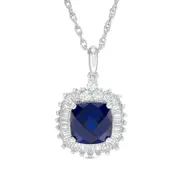 7.0mm Cushion-Cut Lab-Created Blue and White Sapphire Sunburst Frame Pendant in Sterling Silver