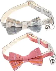 2pcs Cat Collar with Grid Patterns Bell Bow Design for Kittens and Cats Comfortable Neckwear for Daily Wear and Special Events