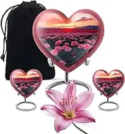 Red Bird Rose Heart Shaped Ash Holder, Cremation Urns for Ashes Keepsake, Decorative for Funeral & Burial, Memorial Gift, Brown, Combo (10 Inch & 3 Inch Mini Set of 2)