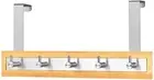Over The Door Bamboo Wooden Hanger 5 Stainless Steel Hooks Bathroom Clothes Rack