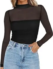 [RUISHH] Women's Sexy Patchwork Sheer Mesh Top Transparent Long Sleeve Clubwear Party Tops Turtleneck Tunic