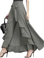 [utcoco] Women's 2025 Trendy Casual Chiffon Elastic High Waist Pants Culottes Tie Front Ruffle Boho Flowy Maxi Skirts, Grey, Large