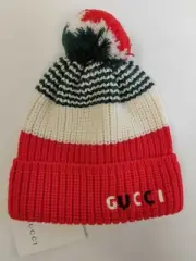 Gucci Kids Red/White/Green Embroidered Trademark Pompom Beanie Hat S 627576 6566