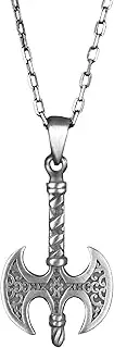[KAMBO] Viking Double Headed Axe Mens Necklace, 925 Sterling Silver Battle Ax Necklace for Men, Sterling Silver, No Gemstone