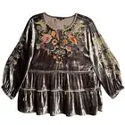 John Mark Mocha Coffee Embroidered Boho Brown Velvet Top Women's Large NWT