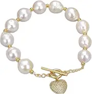 SKYLL 8'' 11-12MM White Keshi Pearl Heart Pendant Bracelet