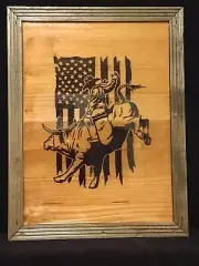Solar Pyrography wood burning Bull Rider American flag patriotic rodeo