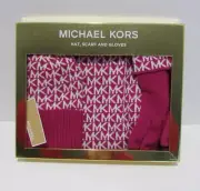 Michael Kors Womens Signature Scarf Hat Gloves Set Beanie Pink Fuchsia MK NWT