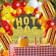 Hot Dog Balloon Garland Arch Kit, Fast Food Snacks Picnic Burger BBQ Decorations with Banner, Picnic Tablecloth, Foil Balloons and Latex Balloons in Red Orange Yellow White for Kids Baby Shower