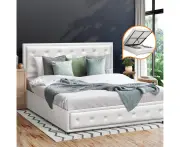 Oikiture Bed Frame Queen Size Gas Lift Base With Storage White Leather