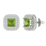 2.9 Princess Round Cut Halo Natural Peridot Stud Earrings Solid 14k White Gold