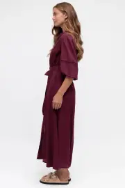 Pennelope Midi Dress - Mandarin Collar Lattice Detailing Dress with Belt in Berry