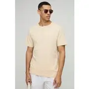 Mens Sand Regular Fit Button Neck Slub T-Shirt