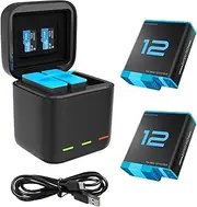 REYGEAK Battery Charger for GoPro Hero 12 Black Hero 11/10/9, Portable Charger 3-Channel Battery Charging Storage with 2 Pack Rechargeable 12/11/10/9 Batteries (Charger + 2 x Batteries)