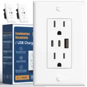 6.0A USB Outlet 2 Pack, 3-Port 30W Wall Outlets with 2 Type C & 1 Type A, 15 ...