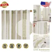 Boho Linen Blend Curtains - 84” Light Filtering Drapes in Green Geometric Design