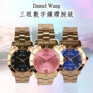 【Daniel Wang】三眼數字鑲鑽腕錶-玫帶黑面 (4.6折)