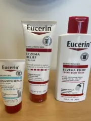 3 Eucerin, afbavced repair hand cream. releif cream body wash, releif cream