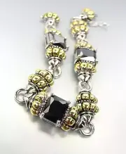 NEW Emerald-Cut Black Onyx CZ Glacier Crystals Silver Plated Caviar Bracelet