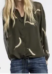 MM Vintage | Olive Green Sheer Feather Embroidered Button-Up Top - Women S