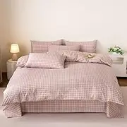 Geometric Duvet Cover Queen Size Pink Plaid Print Bedding Set Grids Lattice Reversible Comforter Cover Soft Comfy Bedroom Decor Quilt Cover Set for Kids Teen Boys Girls,Single(140x210cm)