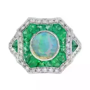 Art Deco Style Lab-Created Diamond Opal Emerald Engagement Ring 14K White GoldFN
