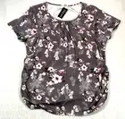Ekouaer Womens Top Sz S Deep Mauve Floral Ruched Scoop Neck Short Sleeve NWT