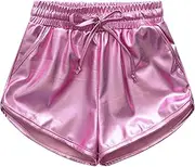 [KEOYA] Girls Metallic Dance Shorts Sparkly Sports Shorts Shiny Hot Pants Casual Elastic High Waisted Shorts