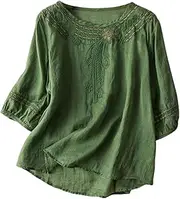 [NAKEAH] Women Dressy Casual Cotton Linen Embroidery Blouse Crew Neck Tunic Elbow Sleeve Shirts Summer Plus Size Tops