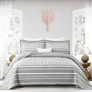 Quilt Set King Size 100% Cotton Quilt Boho Bedding Set Bedspread Grey White Striped Quilt for King Bed Reversible Lightweight Comforter Bohemian Bed Cover 3 Pieces