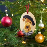 Artsy Airedale Dog Wooden Christmas Holiday ornament Original Painting Pet Art