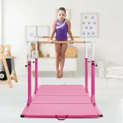 CostwayDouble Gymnastics Horizontal Bar with Adjustable Width and 11-Level Heights-Pink
