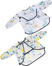 Vaguelly 2pcs Kids Long Sleeve Waterproof Baby Bibs Full Coverage Toddler Smock for Mealtime