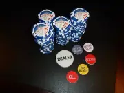 500 Blue Royal Flush Fan 11.5 gram Poker Chips + Dealer Button Set