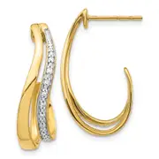 Solid 14k Yellow Gold w/Rhodium Simulated CZ J-Hoop Post Earrings