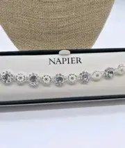 Napier Art Deco Bracelet Silver tone Circle Crystal Faux Pearl Accent 7 in