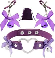 Generic Bow Nipple Clamps Bells Sexual Pleasure Non Piercing Adjustable Chain Nipple Clip On Jewelry Breast Clamps Leather Bow Heart Choker Necklace with Velvet Bag (Purple)