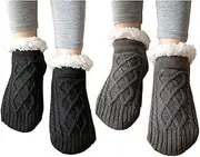[LETSIQS] 1/2 Pairs Winter Fuzzy Warm Cozy Fleece Lined Slipper Socks with Grippers Fro Women Men Knitted Sherpa Socks (Color : Gray, Size : One Size)
