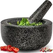Heavy Duty Large Mortar and Pestle Set,100% Granite, Non Slip Base, Make Fresh Guacamole, Salsa, Pesto, Stone Grinder Bowl, Herb Crusher, Spice Grinder (Black(Polished), 2Cup)
