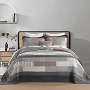 FineStichery Oversized Queen Quilt Bedspread 120"x102" - 100% Cotton Farmhouse Bedspreads Coverlet Set, Quilted Patchwork Bedding Cover, Lightweight, Reversible, 3 Pieces, Grey/Brown/Beige