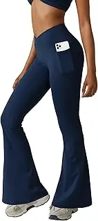 [DMVOD] Flare Yoga Pants for Women with Pockets Crossover High Waisted Bootcut Flared Leggings Tummy Control Workout Casual