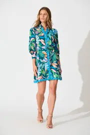 Amico Dress 3/4 Sleeve in multicolor Teal with Multi Leaf Print 8