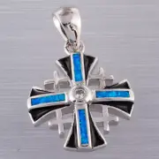 Jerusalem Cross Blue Fire Opal CZ Silver Jewelry Black Border Necklace Pendant