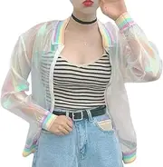 [Generic] Women Girls Hologram Rainbow Bomber Jacket Iridescent Transparent Summer Sun-proof Coat