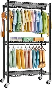 [FTEYUET] Clothes Rail with Storage Shelves, Heavy Duty Rolling Clothing Rail Clothing Rack Wardrobe Closet with Double Rods/Lockable Wheels & Side Hooks (Black, 41 D x 81 W x 210 H)