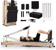 Home Pilates Reformer, Wood Foldable Pilates Machine & Adjustable Exercise Equipment with Double Resistance Spring, Reformer Box, Jump Board