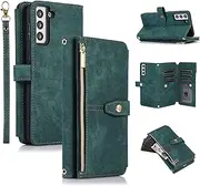 [UEEBAI] Wallet Case for Samsung Galaxy A15 4G/5G, 9 Card Slots Retro Leather Wallet Shockproof Flip Cover with Hand Strap Card Slots Zipper Pocket Kickstand Handbag Magnetic Closure - Retro Green